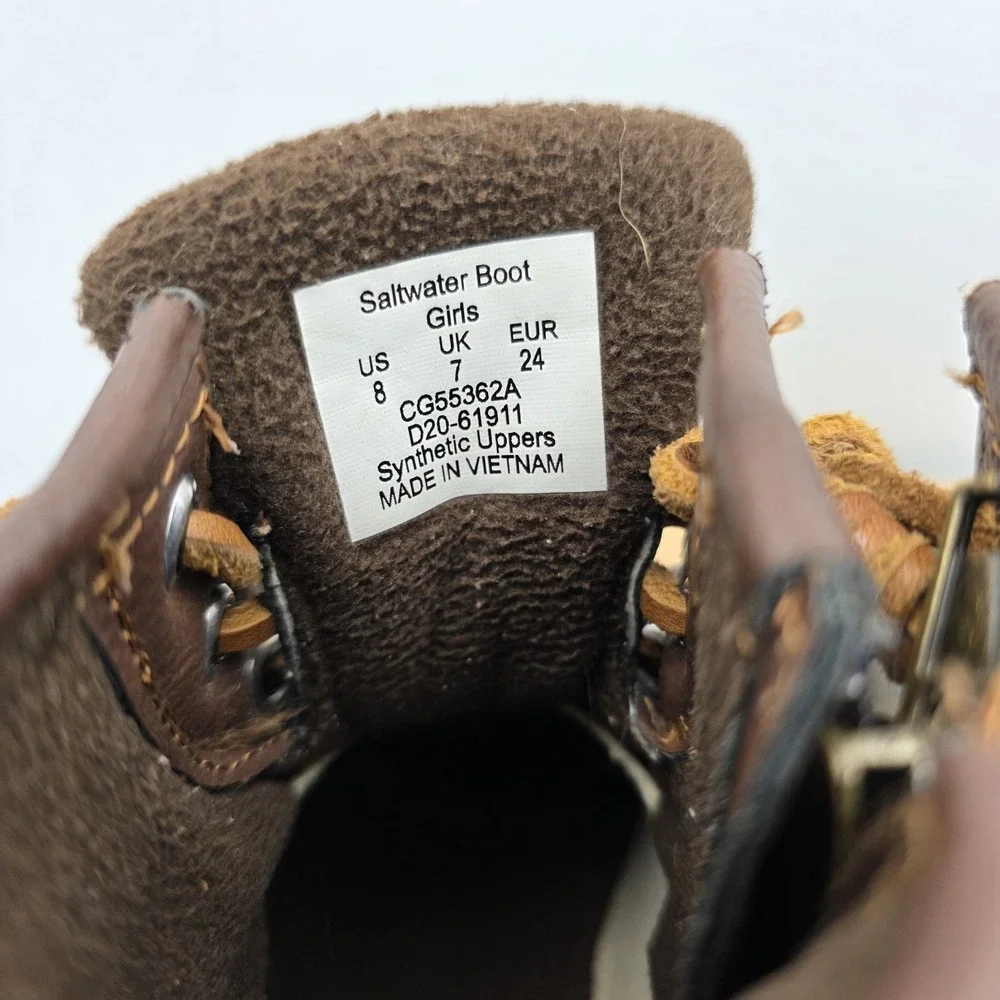Sperry Saltwater Brown Duck Boots Girls Size 8 Ankle Side Zipper & LaceUp Shoes
